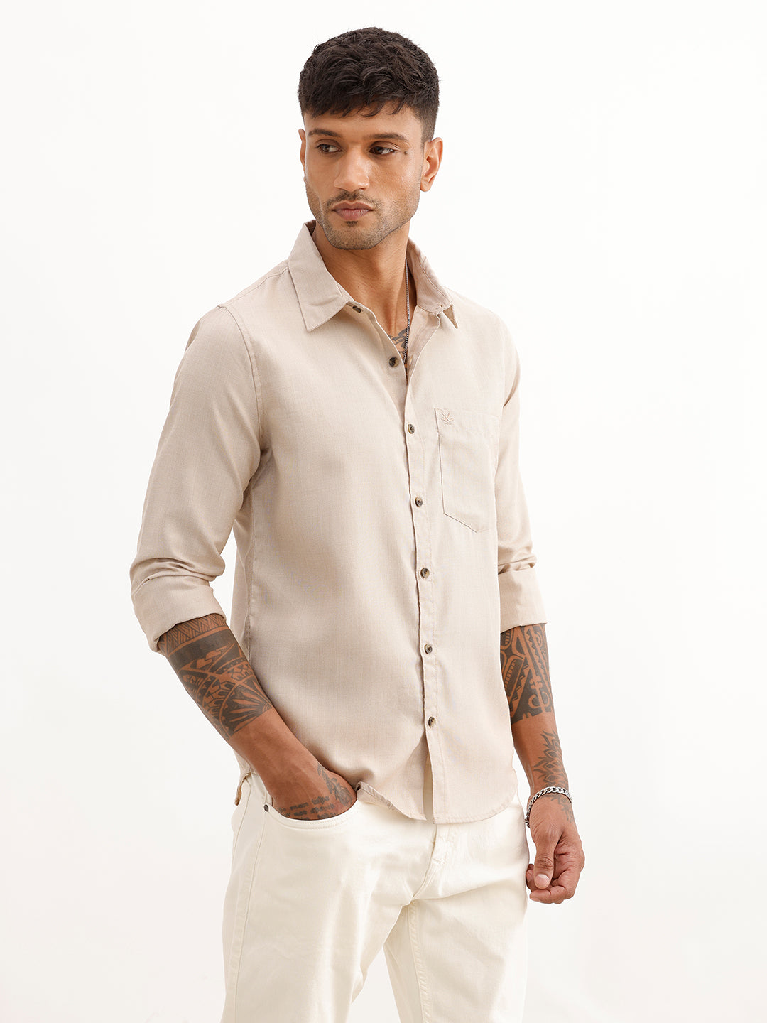 Solid Regular Fit Full Sleeve Shirt | Light Brown
