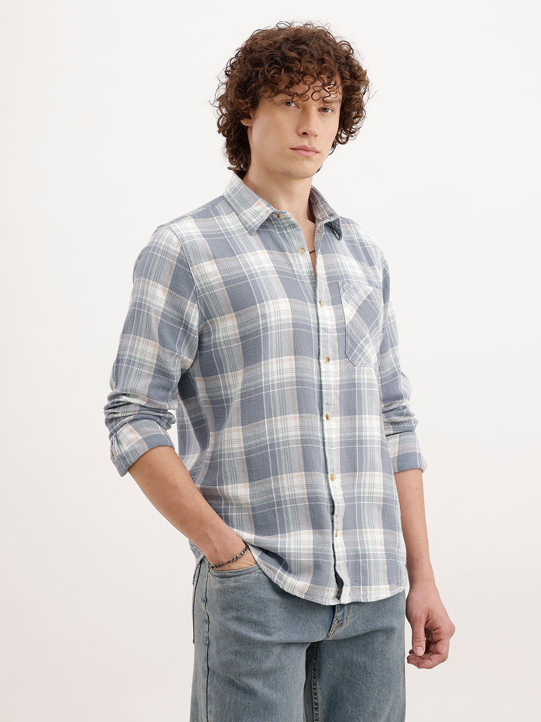 Slim Fit Textured Checkered Shirt  | Blue