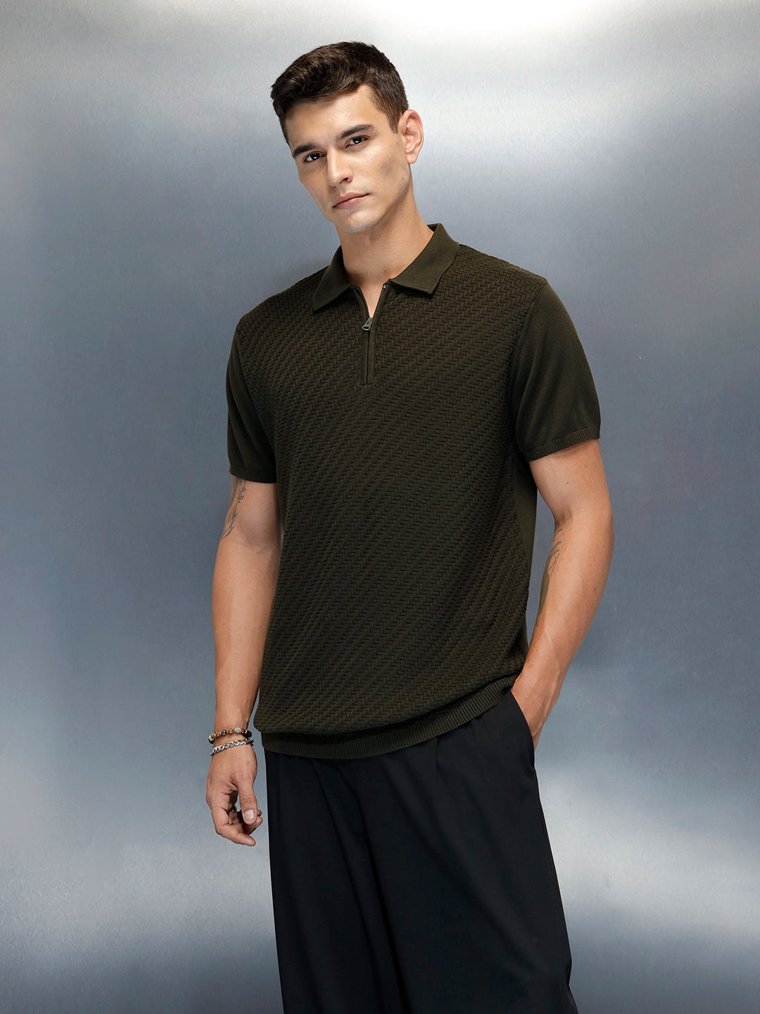 Textured Men's Casual Slim Fit Polo T-Shirt | Olive