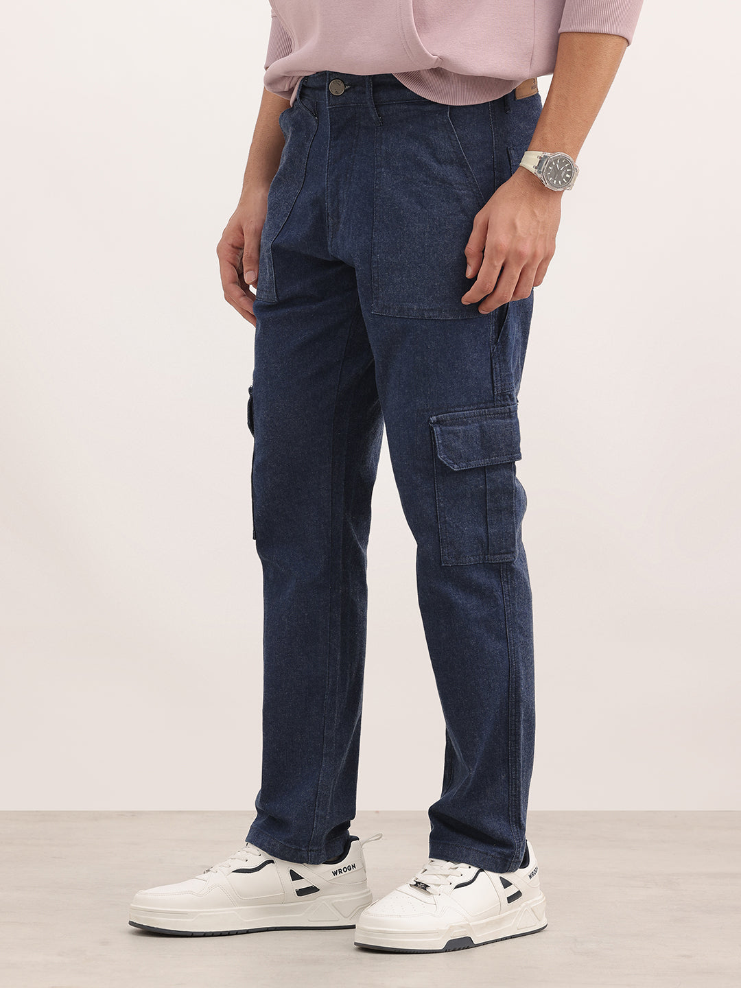 Classic Solid Relaxed Fit Cargo Jeans | Dark Blue