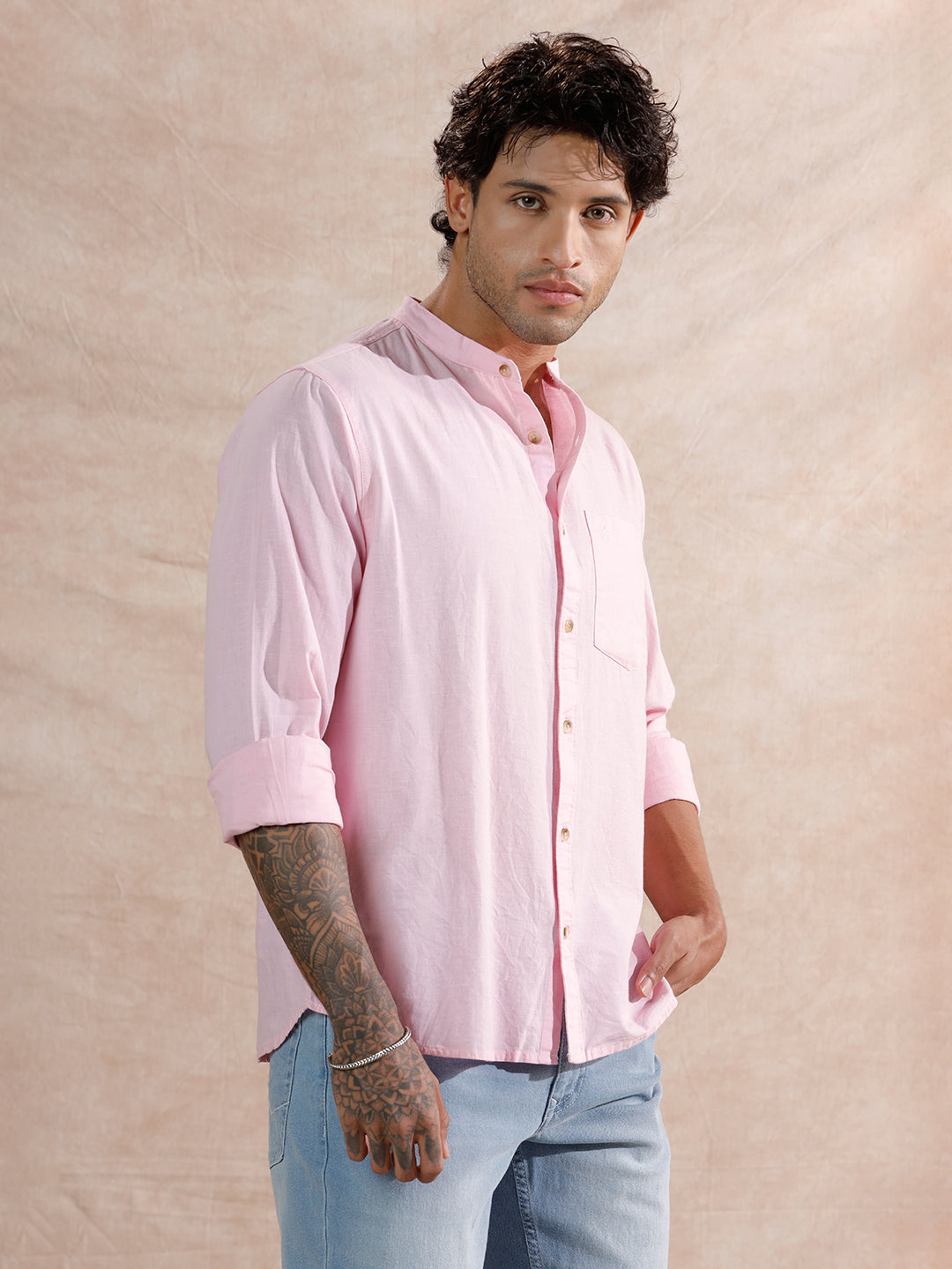 Mandarin Collar Regular Fit Shirt | Pink