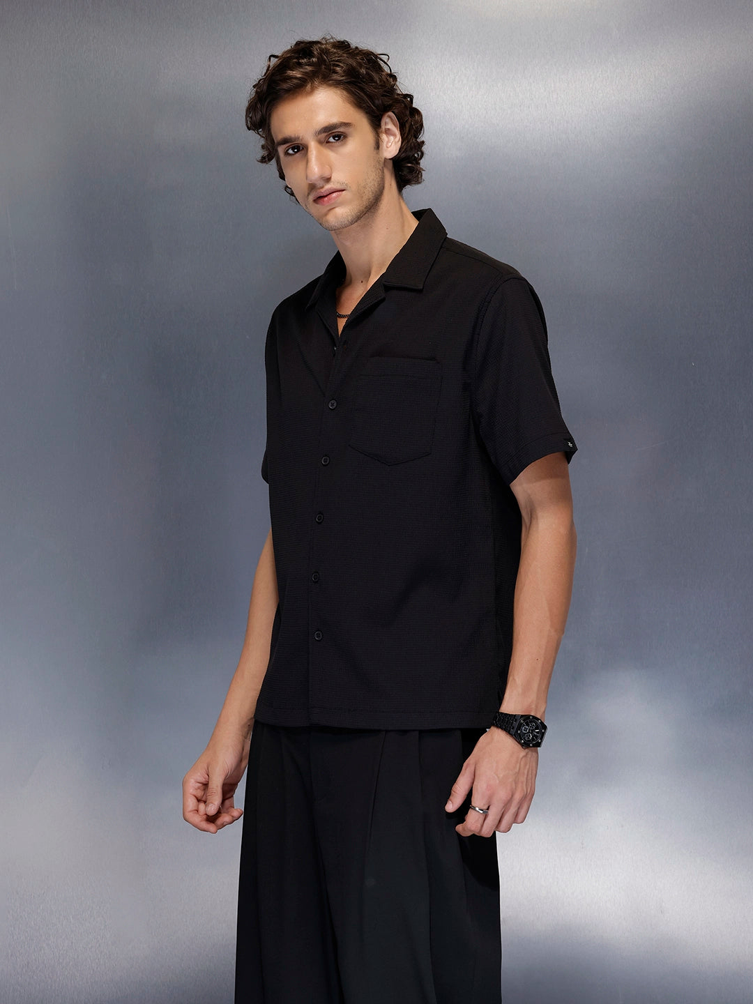 Men’s black casual camp collar shirt | Black