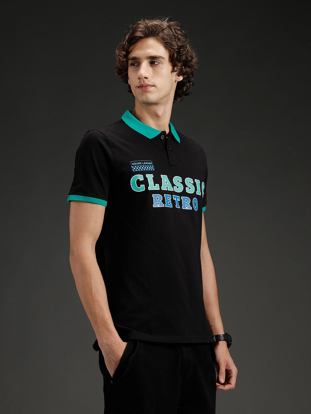 Wrogn Men's Typography Printed Contrast Collared Polo T-shirt | Black