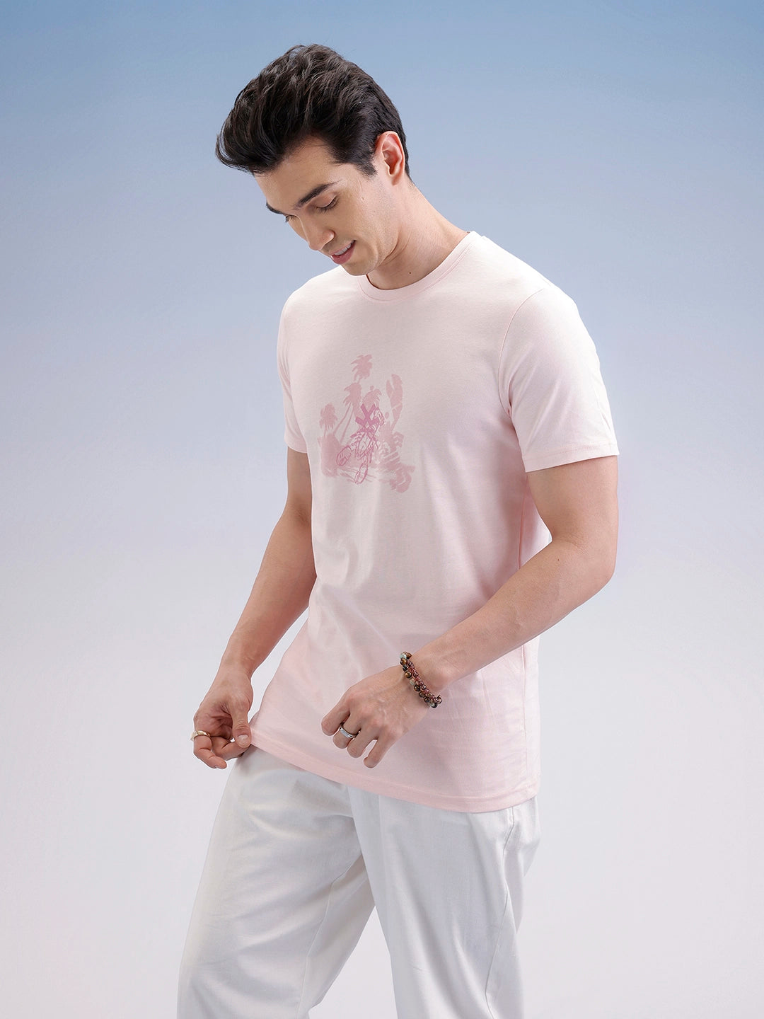 Slim Fit Flock Printed T-Shirt  | Pink