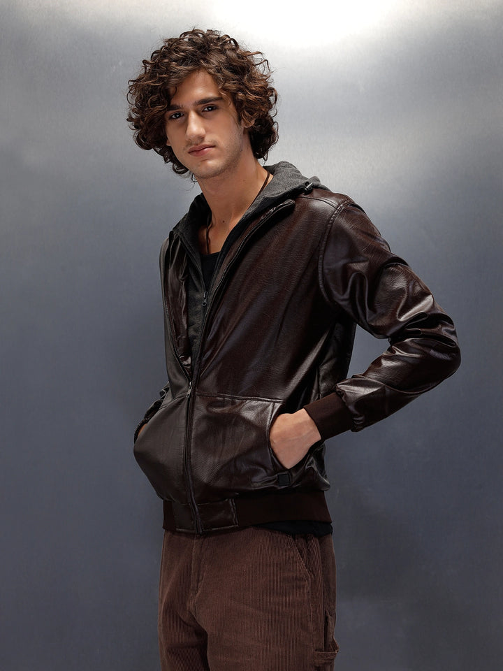 Faux Leather Mock Layer Hooded Jacket | Dark Brown