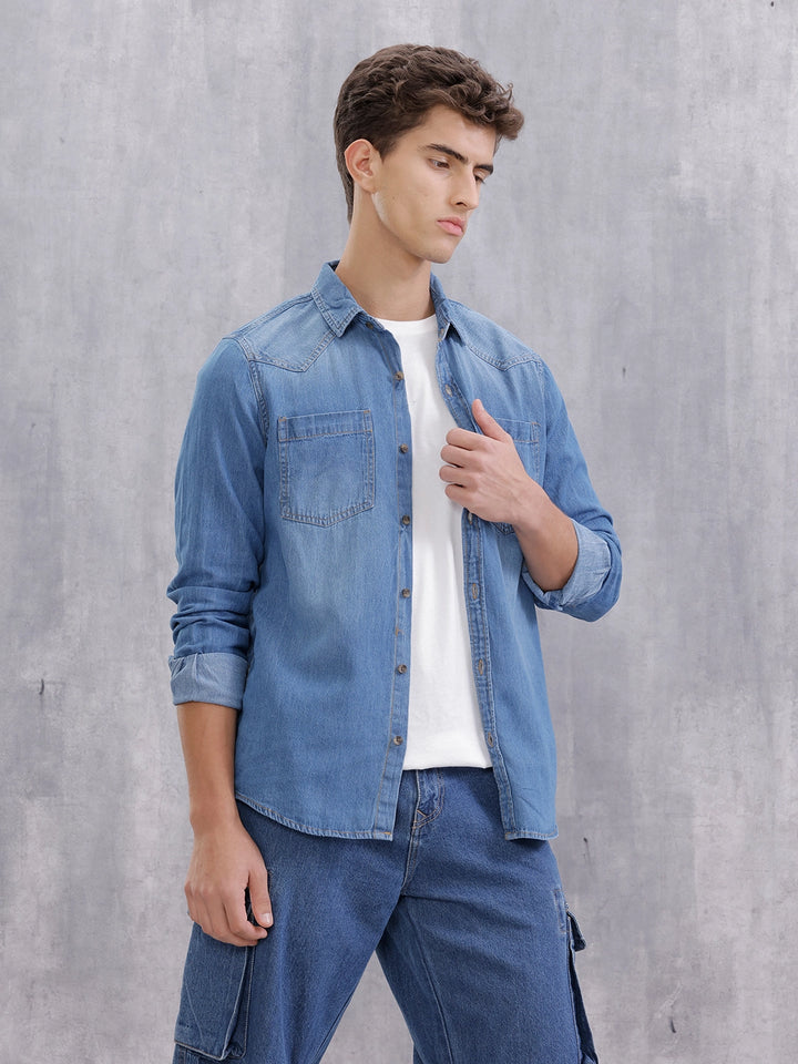 Indigo Washed Casual Regualr Fit Denim Shirt | Blue