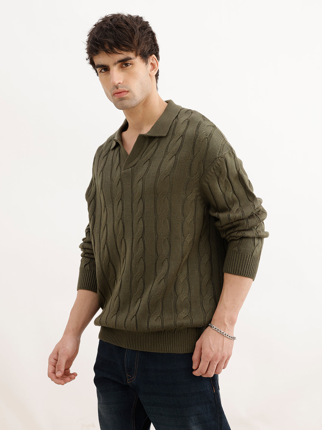 Solid Oversized Fit Cable Knitted Sweater | Olive | WSW02FSOS1083W