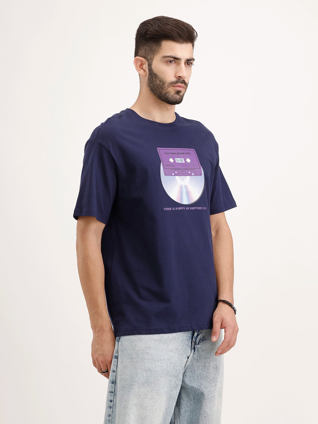 Oversized Placement Printed T-Shirt | Navy Blue