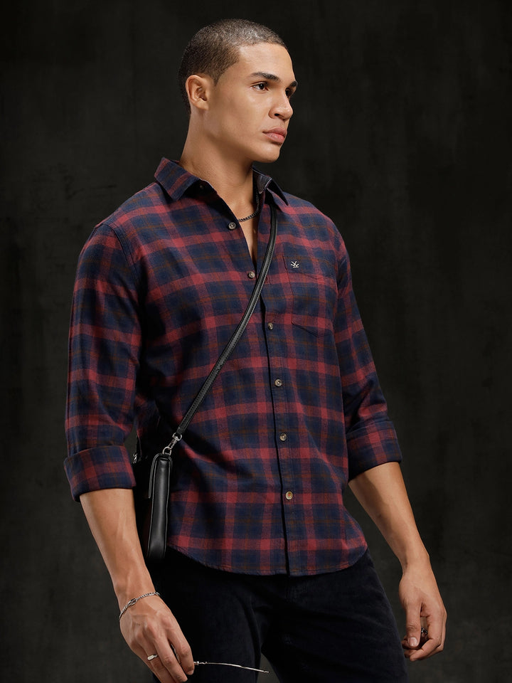 Checkered Cotton Twill Shirt | Maroon