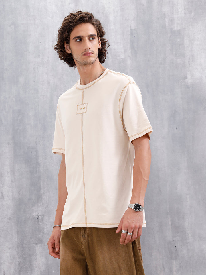 Raw Edge & Stitch Detail Oversized Fit T-Shirt | Beige