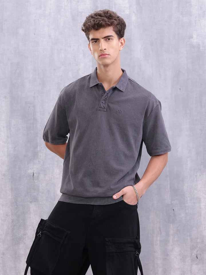 Retro Washed Oversized Fit Polo Collar T-shirt | Charcoal