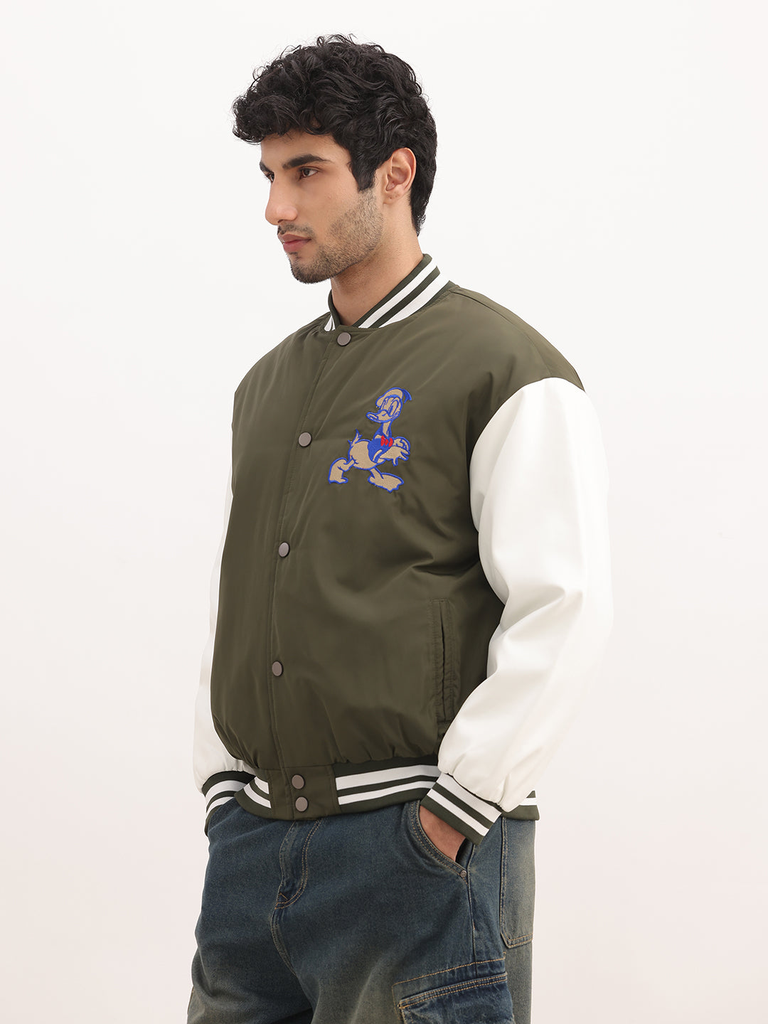 Relaxed Fit Embroidered Bomber Jacket | Green
