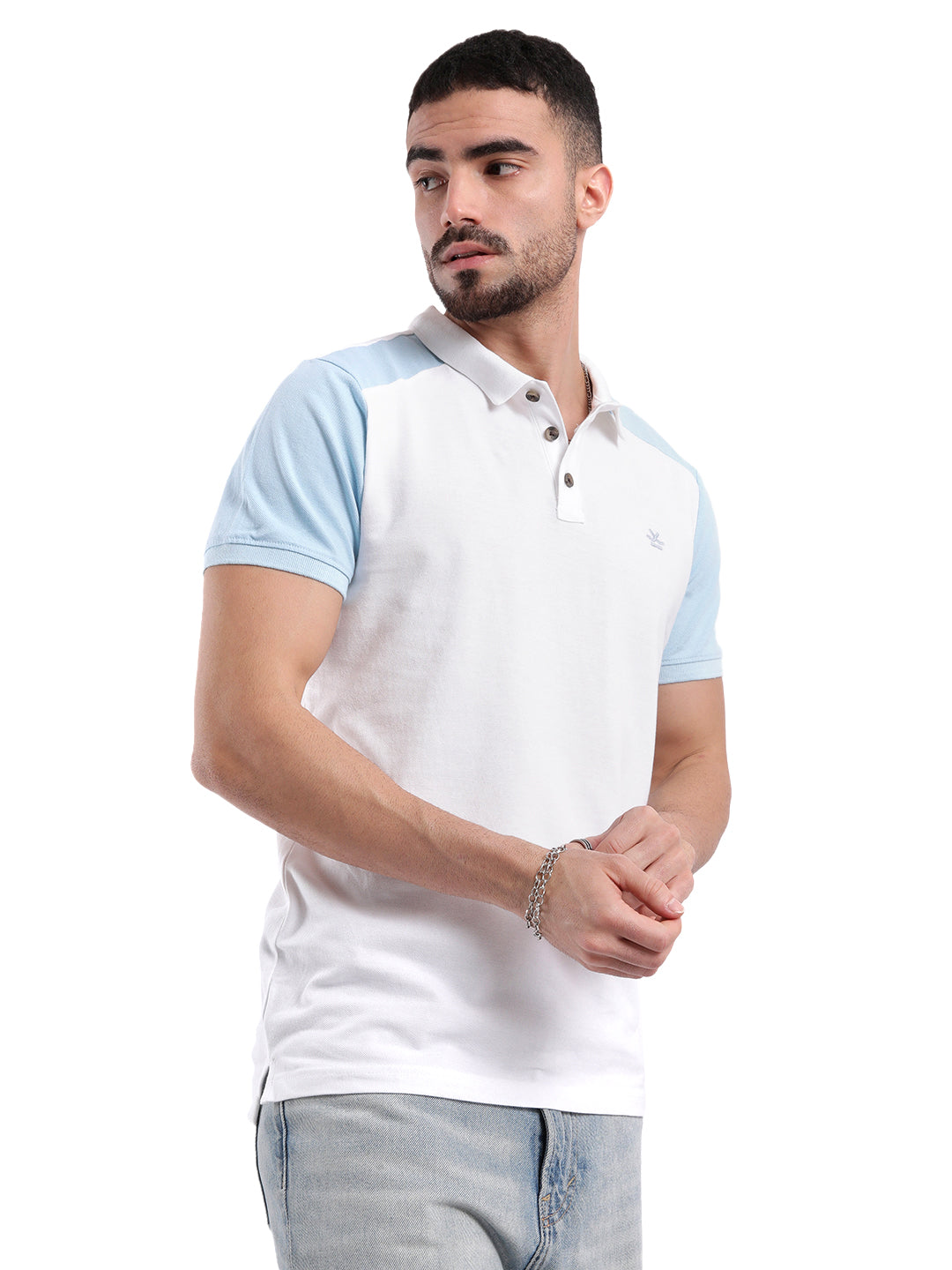 Classic White Colour Block Polo T-Shirt