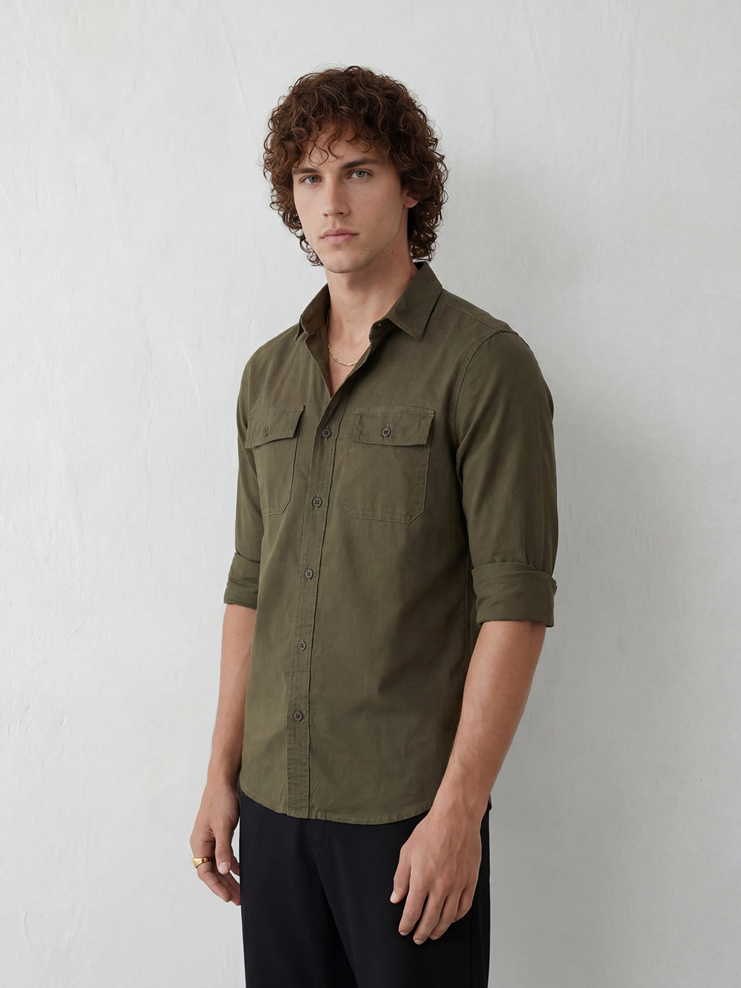Slim Fit Double Pocket Shirt | Olive