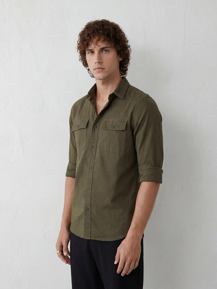 Slim Fit Double Pocket Shirt | Olive