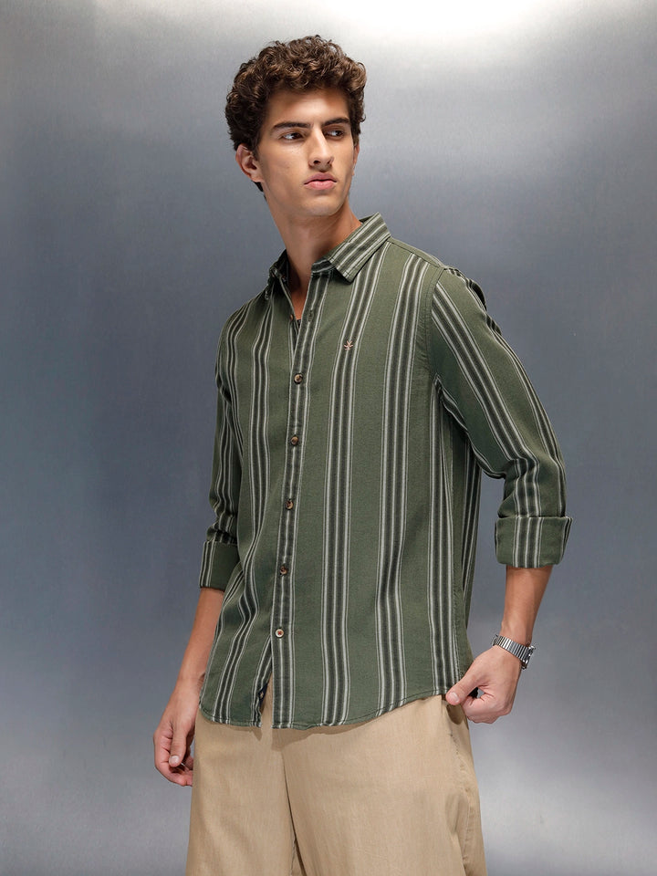 men's casual striped pattern shirt | Olive