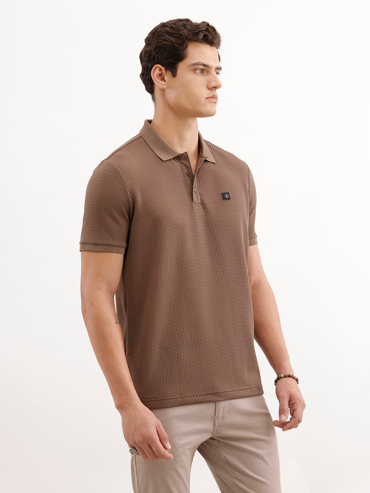 Slim Fit Solid Textured Polo T-Shirt  | Brown