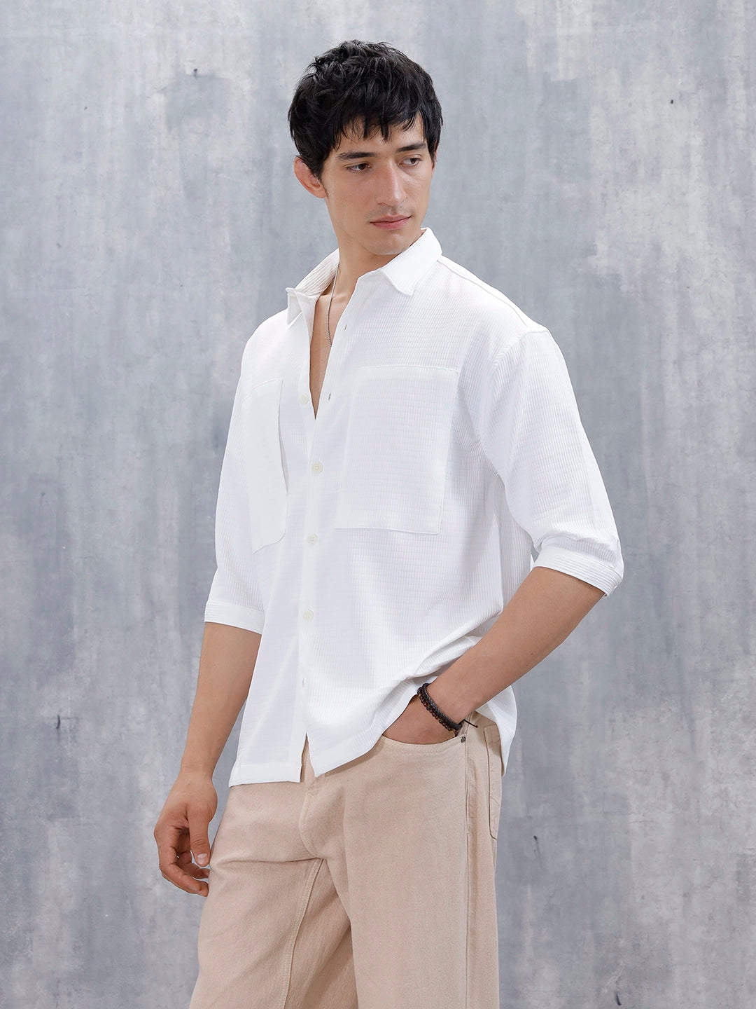 Wrogn Comfort Fit Self Textured Shirt | White