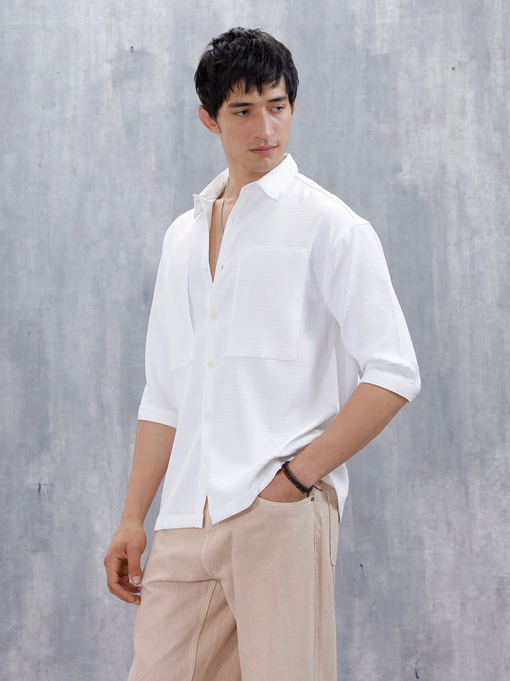 Wrogn Comfort Fit Self Textured Shirt | White