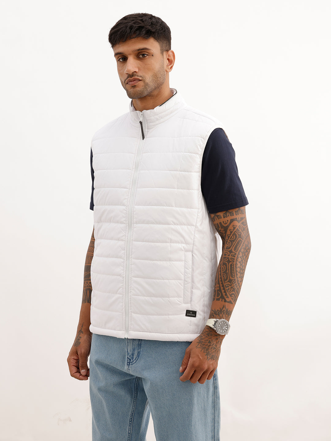Solid Cut Off Sleeve Puffer Jacket | White
