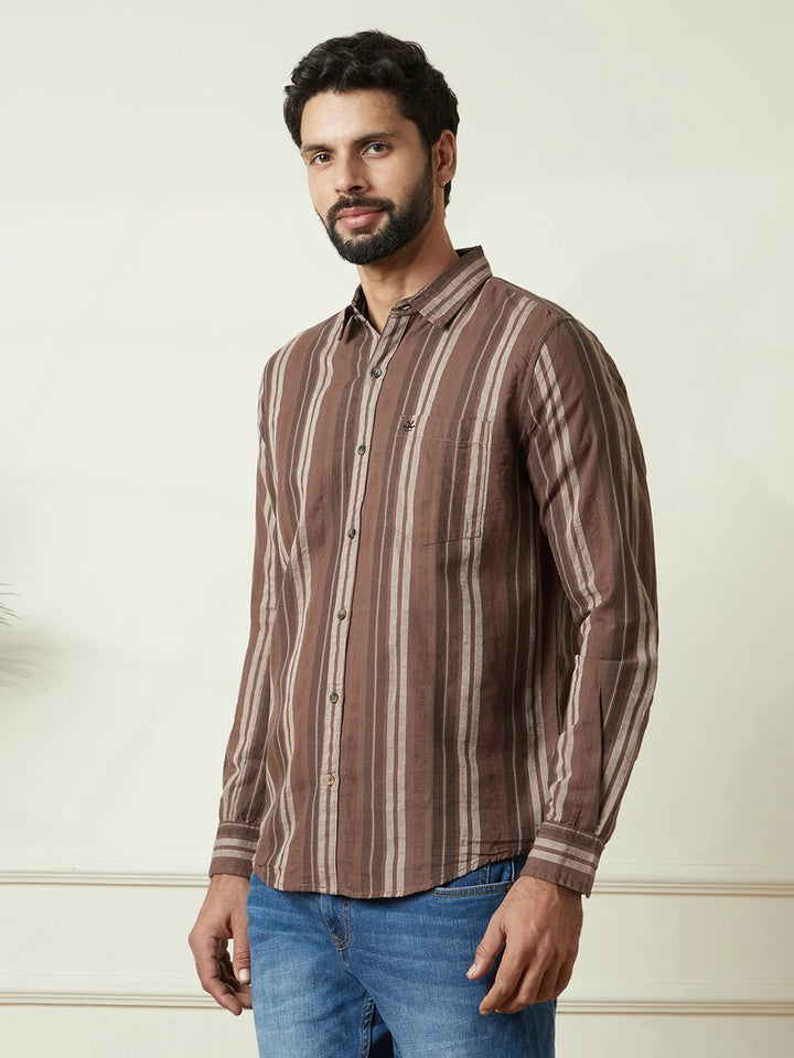 Striped Slim Fit Dobby Shirt | Brown
