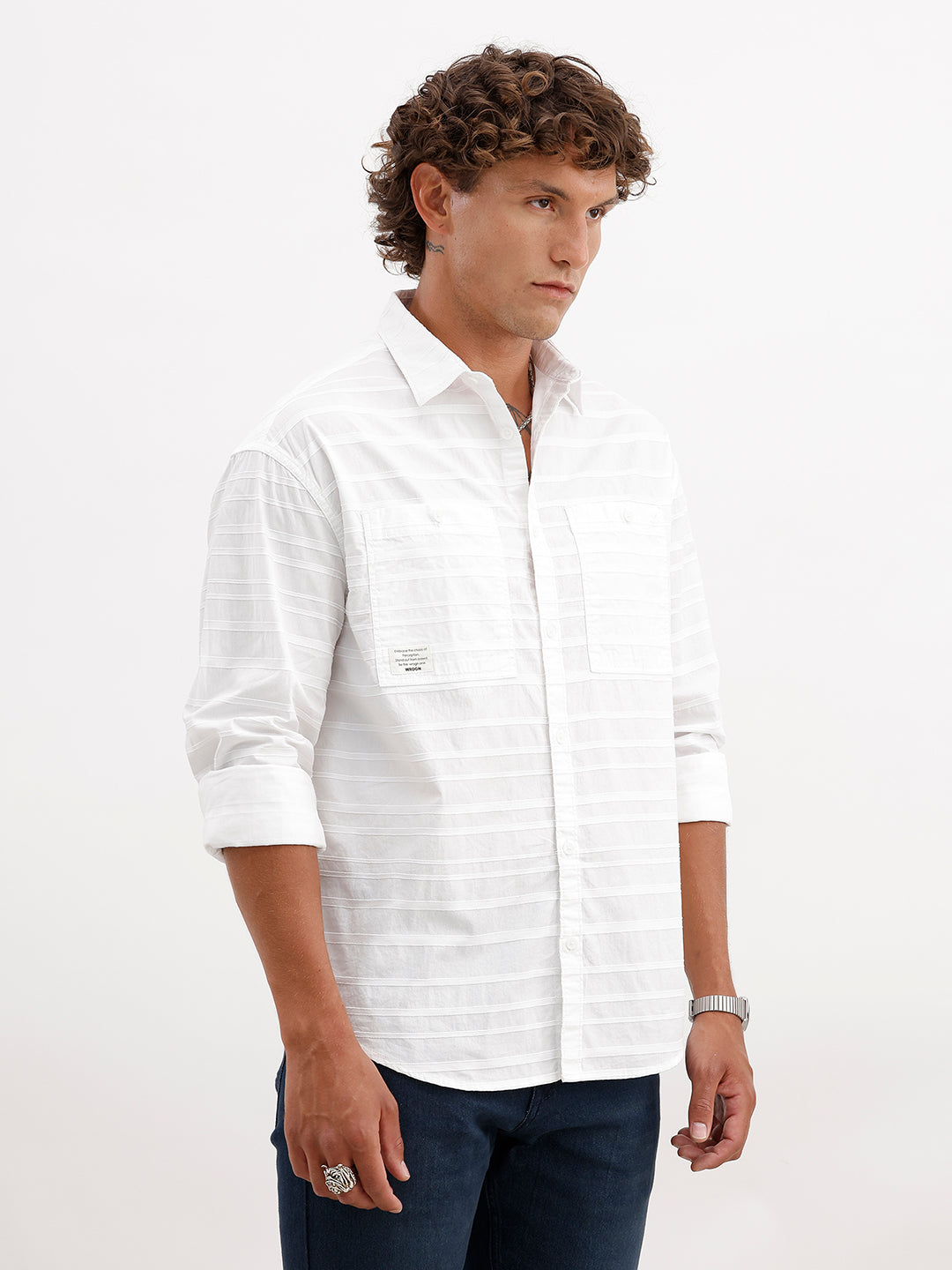 Textured Regular Fit Double Pocket Shirt | White
