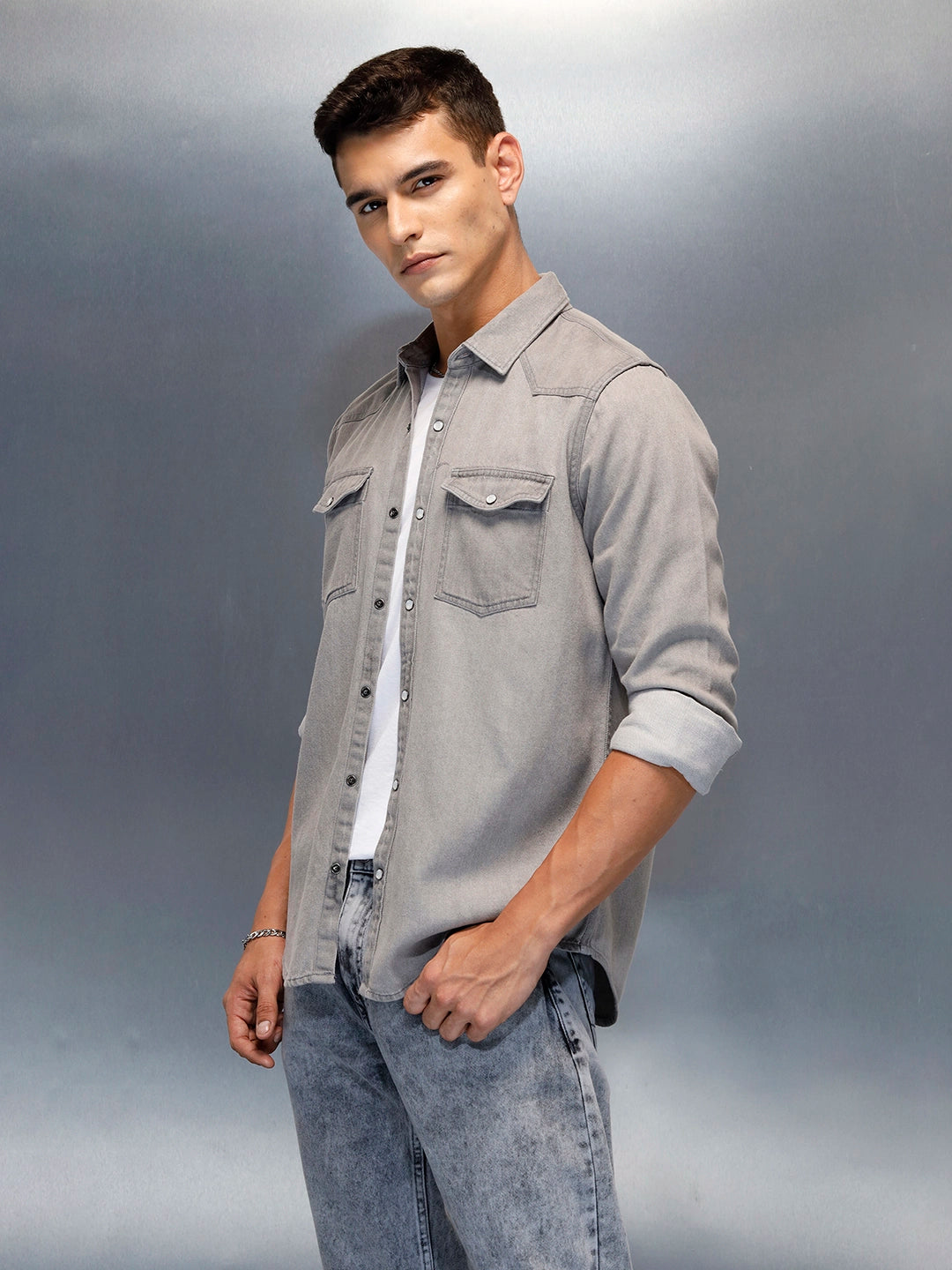 Men's Casual Slim Fit Denim Shirt Grey – Wrogn