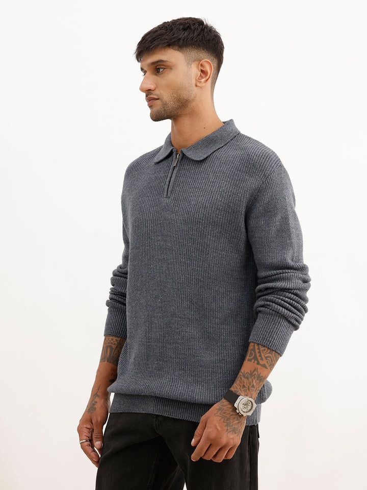 Regular Fit Textured Quater Zipper Sweater | Grey