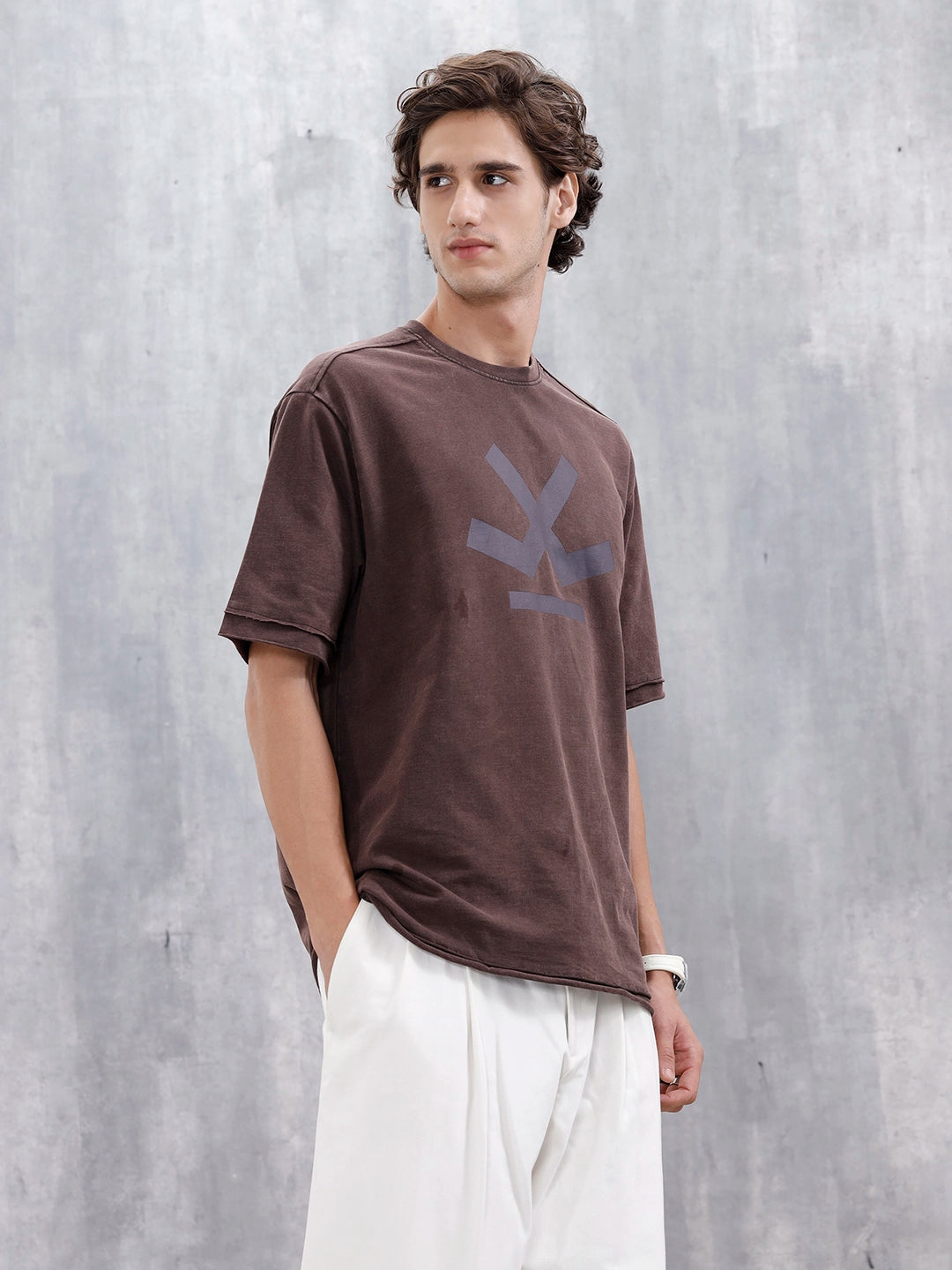 Wrogn Logo Raw-Edged Washed Tee | Brown