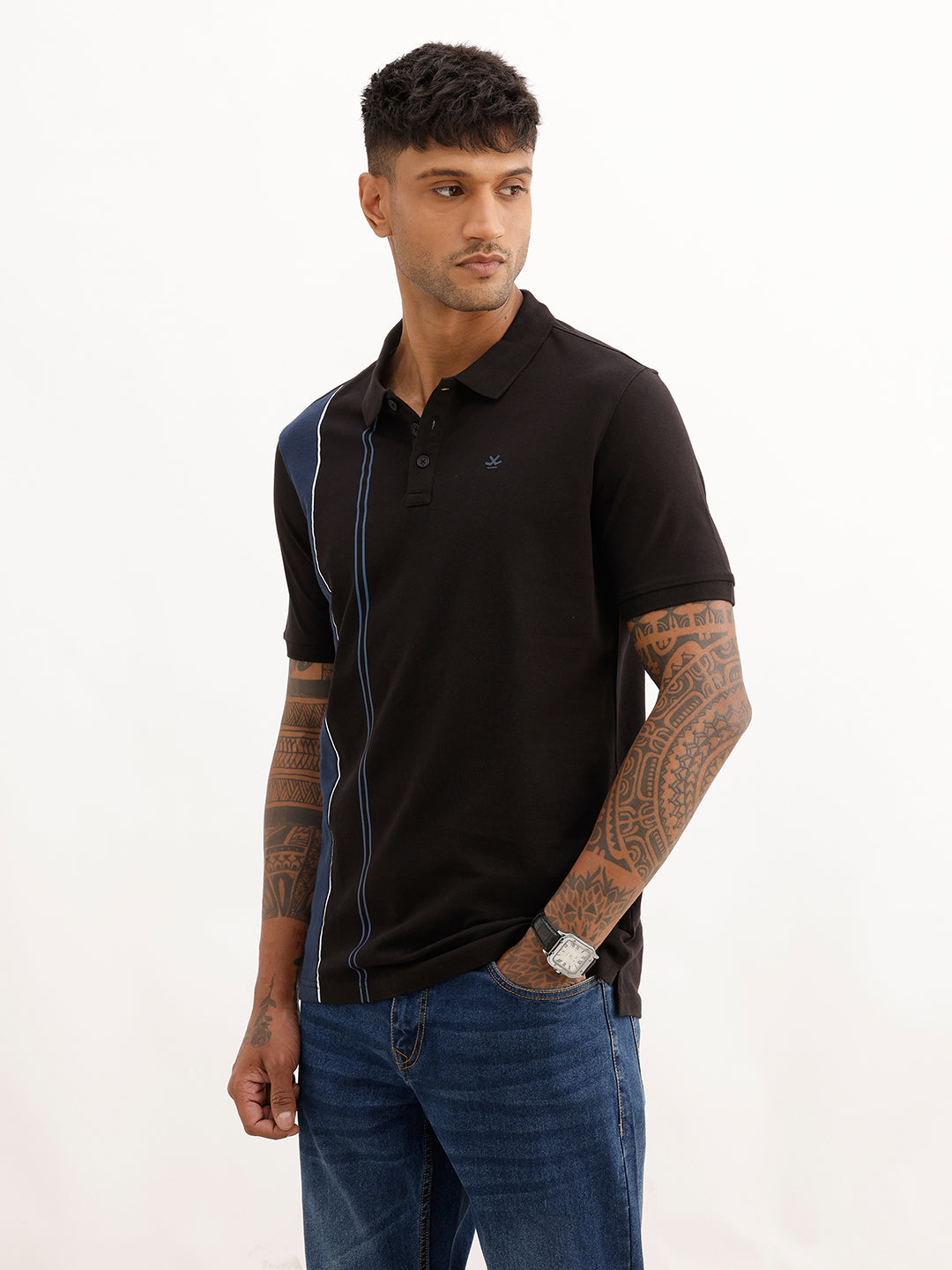 Regular Fit Cut & Sew Polo T-Shirt | Black