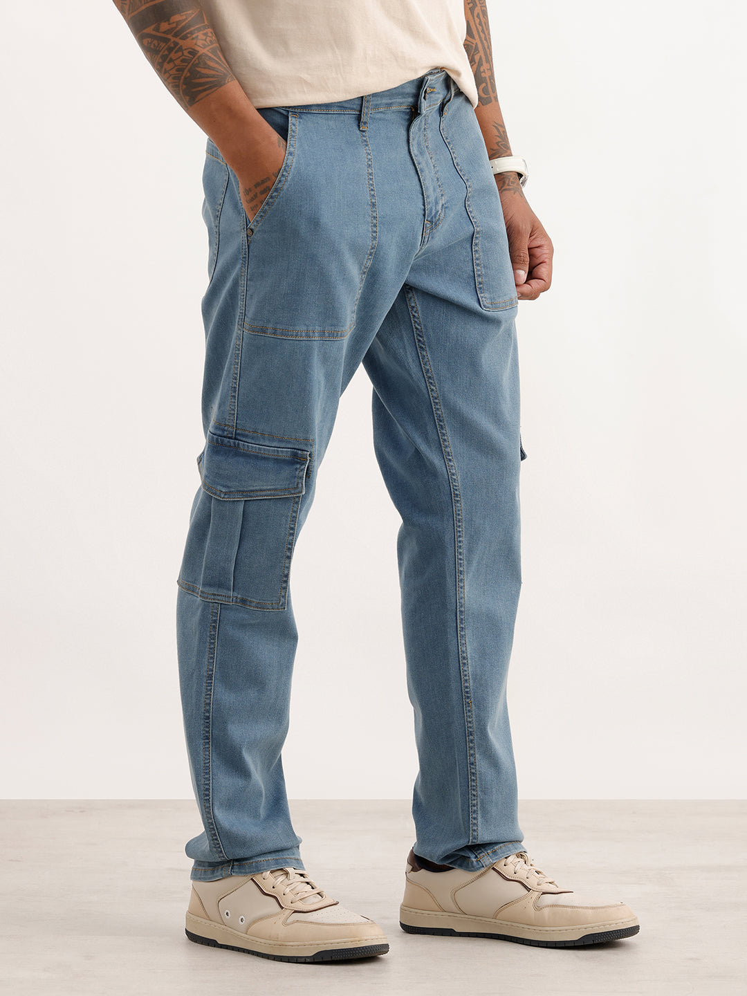 Classic Solid Denim Cargos | Light Blue