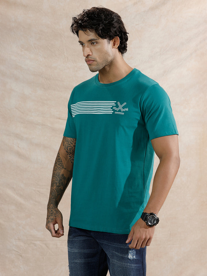 Striped Logo Printed T-Shirt | Teal