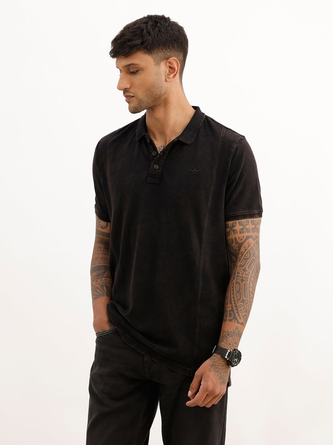 Slim Fit Faded Cut & Sew Polo T-Shirt | Black