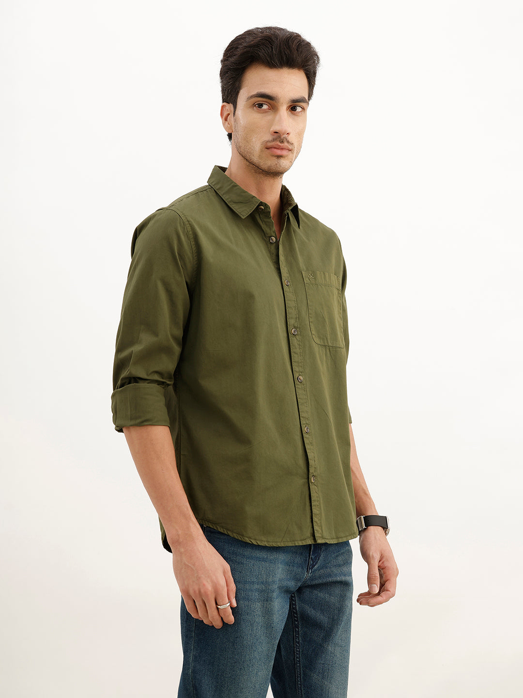 Solid Regular Fit Full Sleeve Shirt | Olive