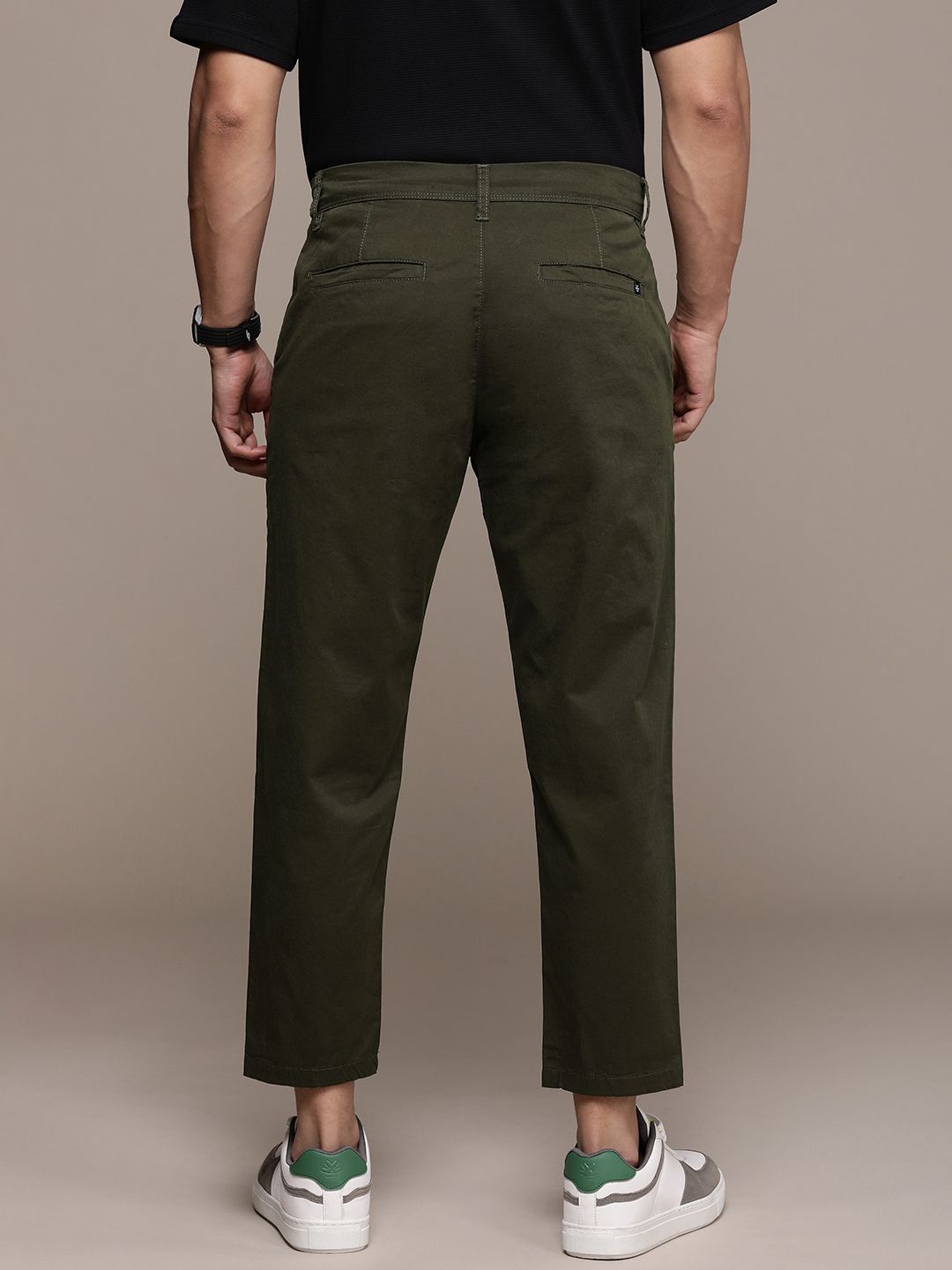 Solid Olive Woven Chinos Trousers