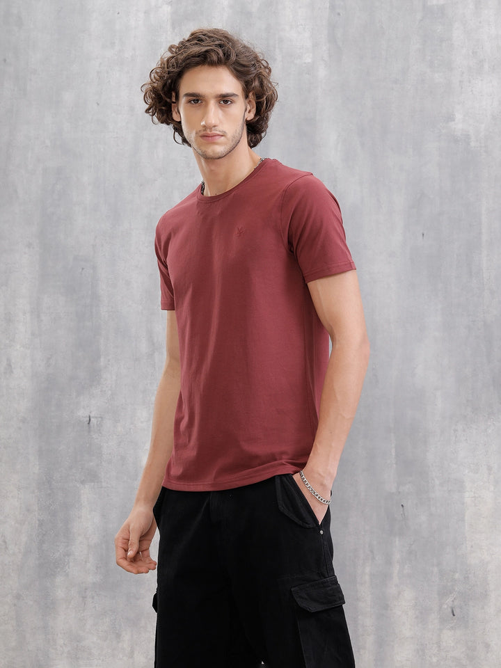 Dtm Embroidered Brand Logo Casual Crewneck T-shirt | Maroon