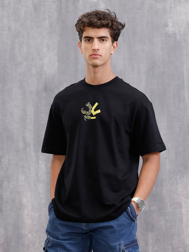 Bandana Inspired Oversized Back Print Crew Neck T-Shirt | Black