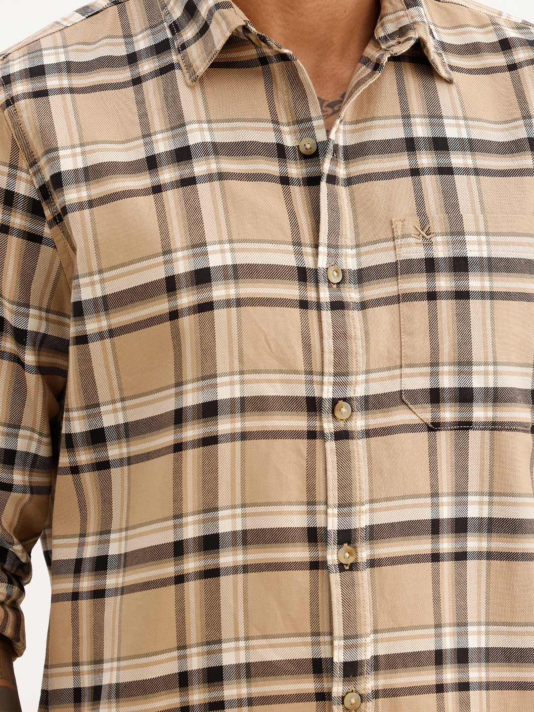 Regular Fit Full Sleeve Checkered Shirt | Beige
