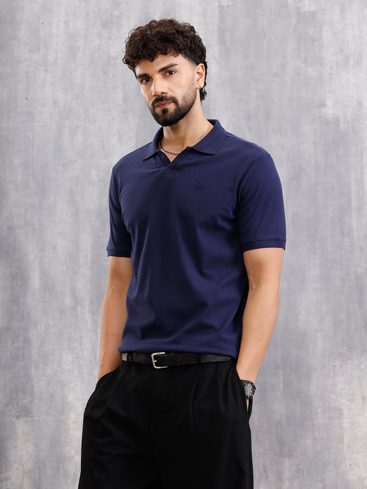 Solid Textured Slim Fit Polo T-Shirt  | Navy Blue
