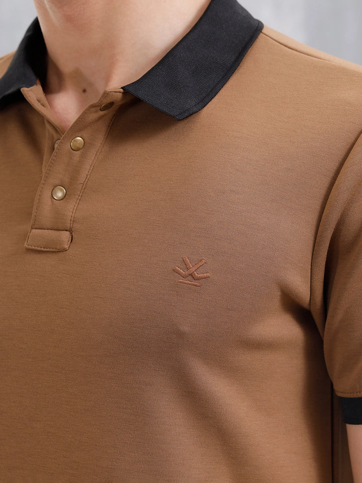 Men Slim Fit Polo Collar T-Shirt With Contrast Collar | Brown
