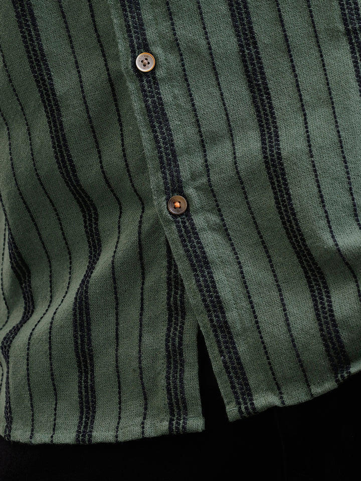 Slim Fit Stripe Shirt In Chenille Yarn | Olive