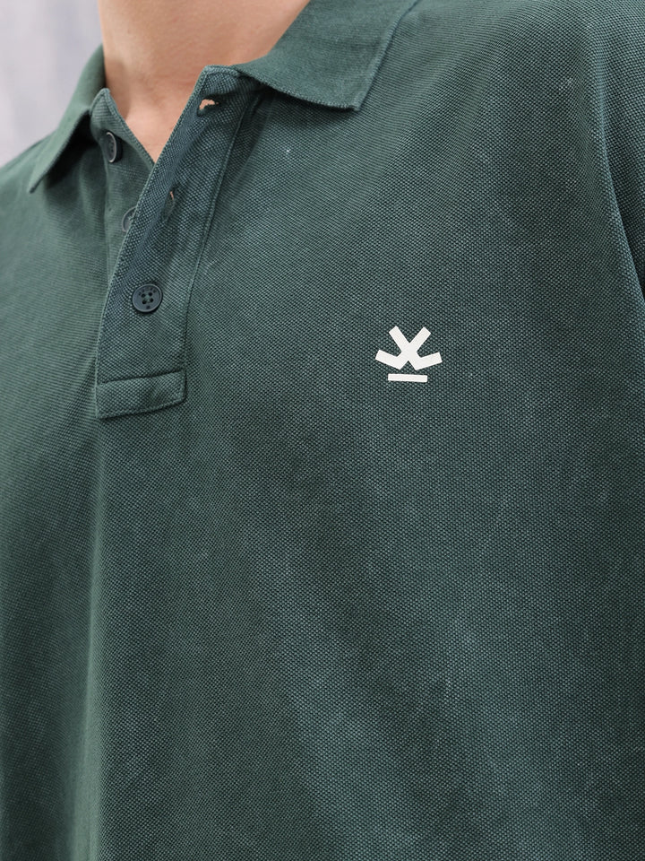 Washed Oversized Fit Back Printed Polo Collar T-shirt | Dark Green