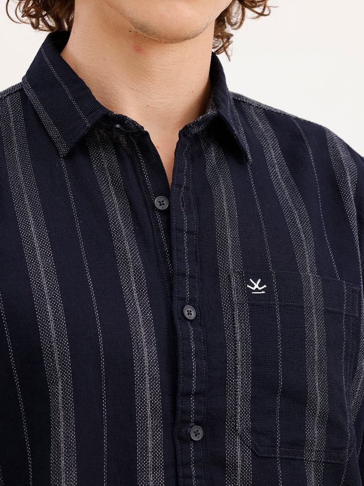 Slim Fit Striped Full Sleeve Shirt | Dark Blue