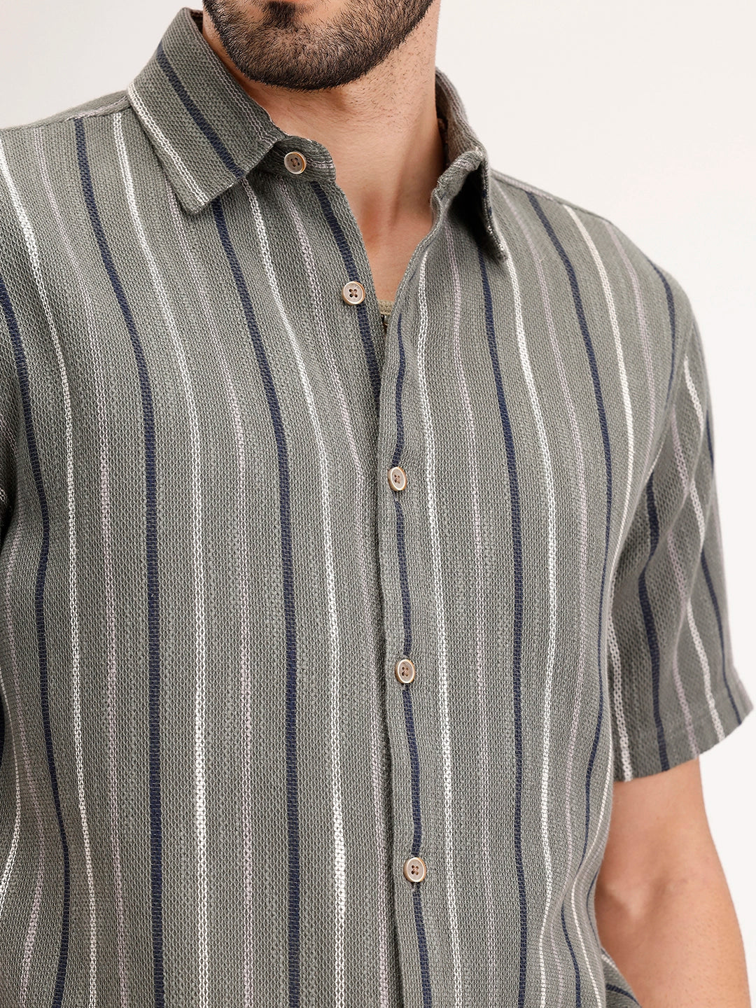 Slim Fit Striped Half Sleeve Shirt | Olive