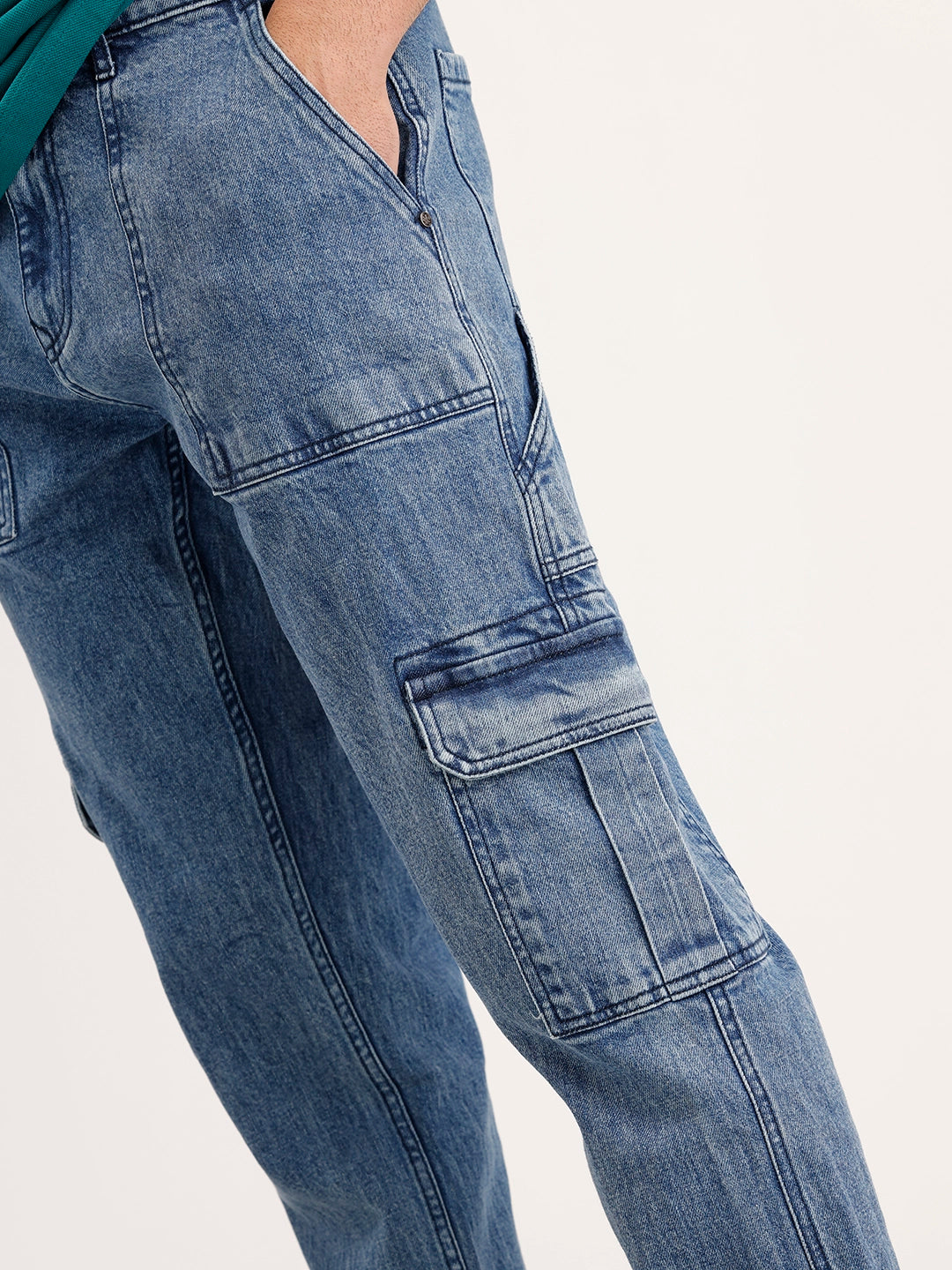 Relaxed Fit Cargo Denim Jeans | Light Blue