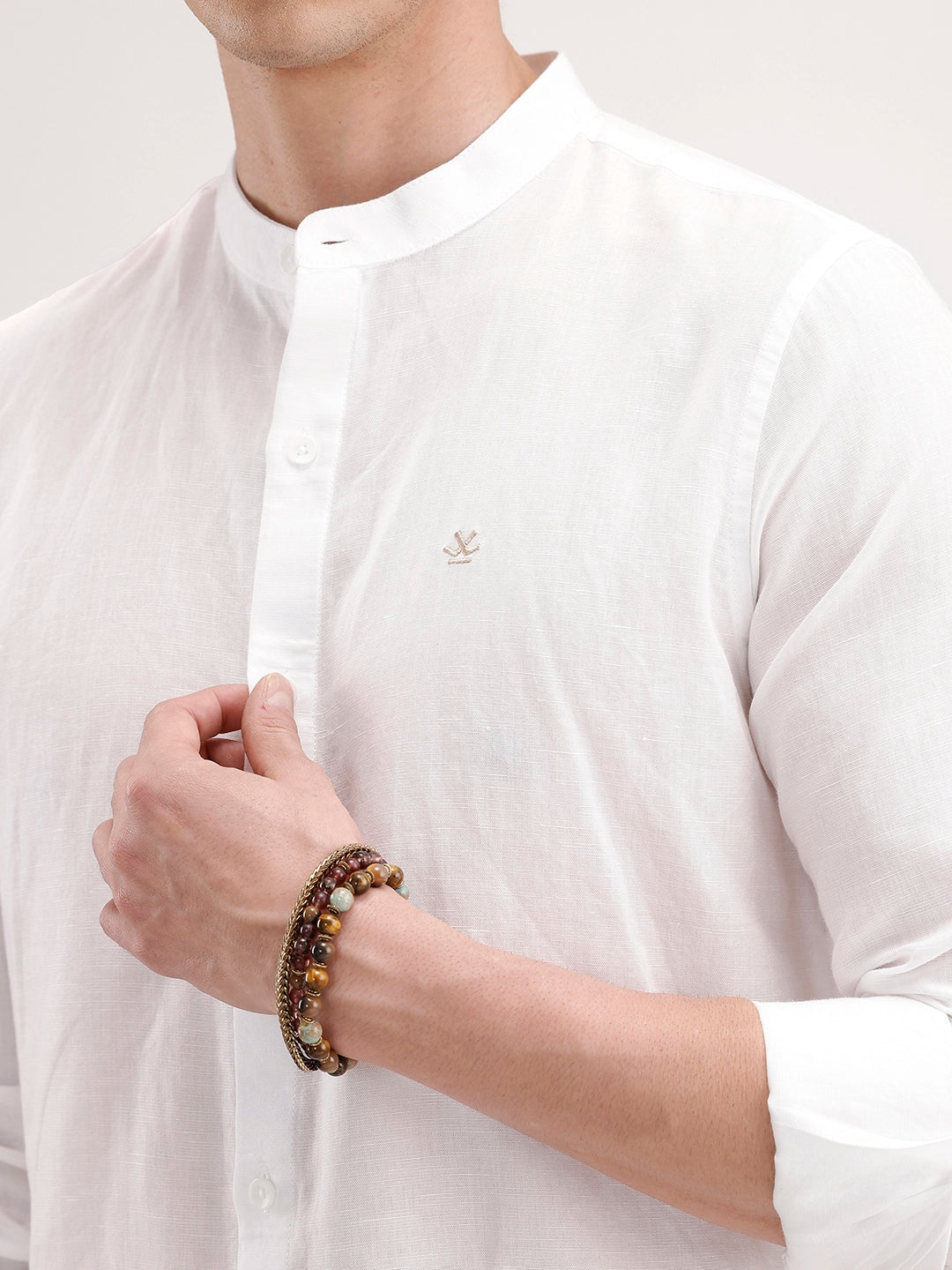 Slim Fit Mandrin Collar Linen Blend Shirt | White