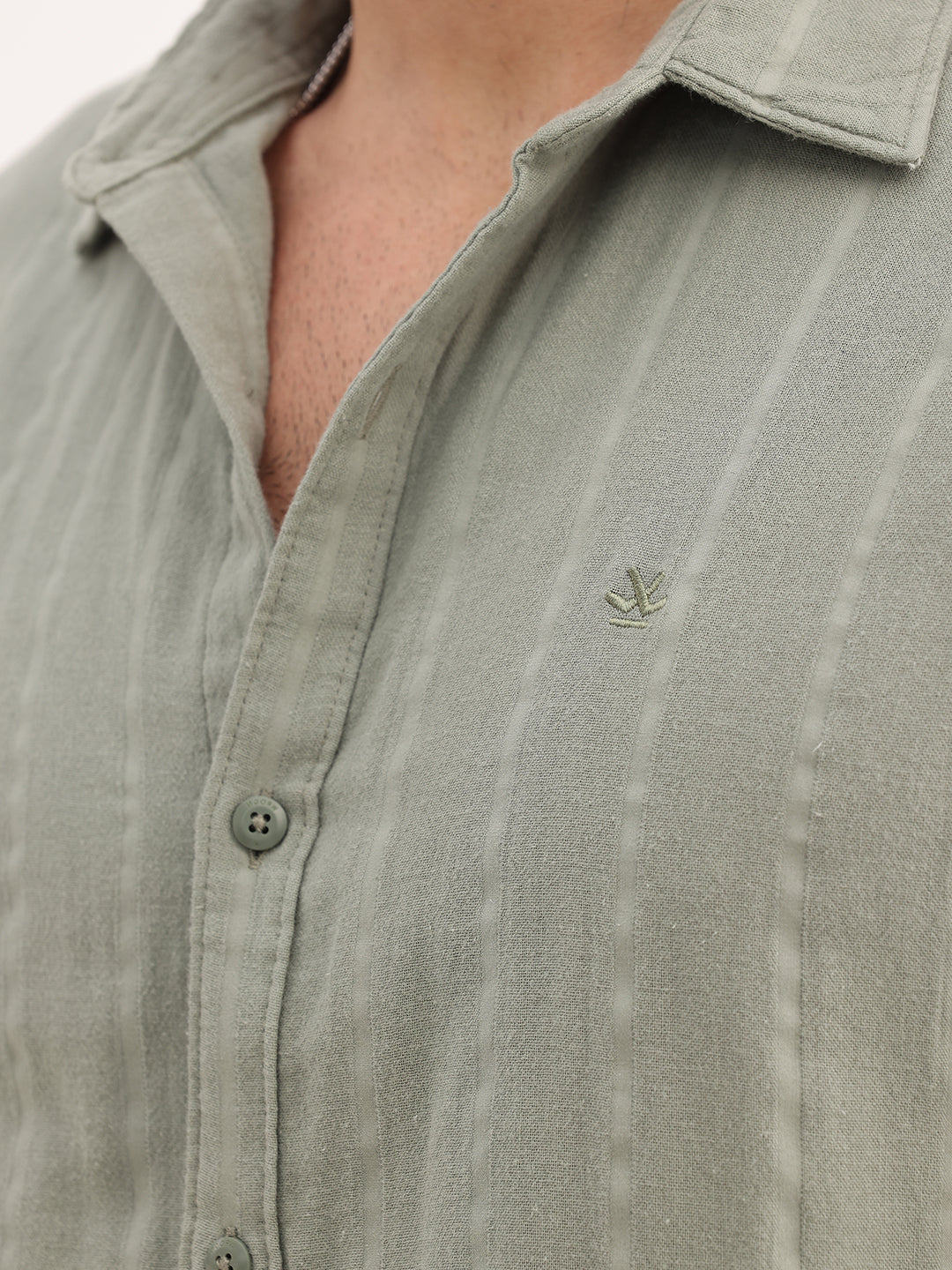 Slim Fit Textured Stripe Full Sleeve Shirt | Olive