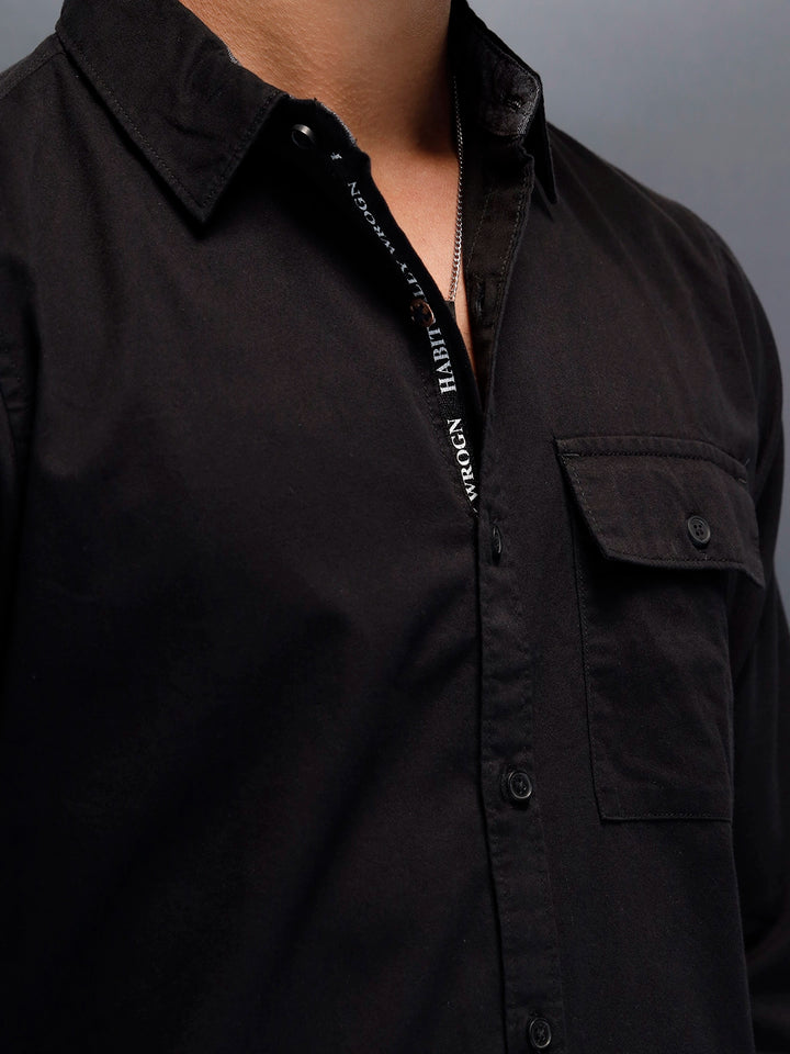 Men's casual slim fit shirt with typographic placket detail  | Black