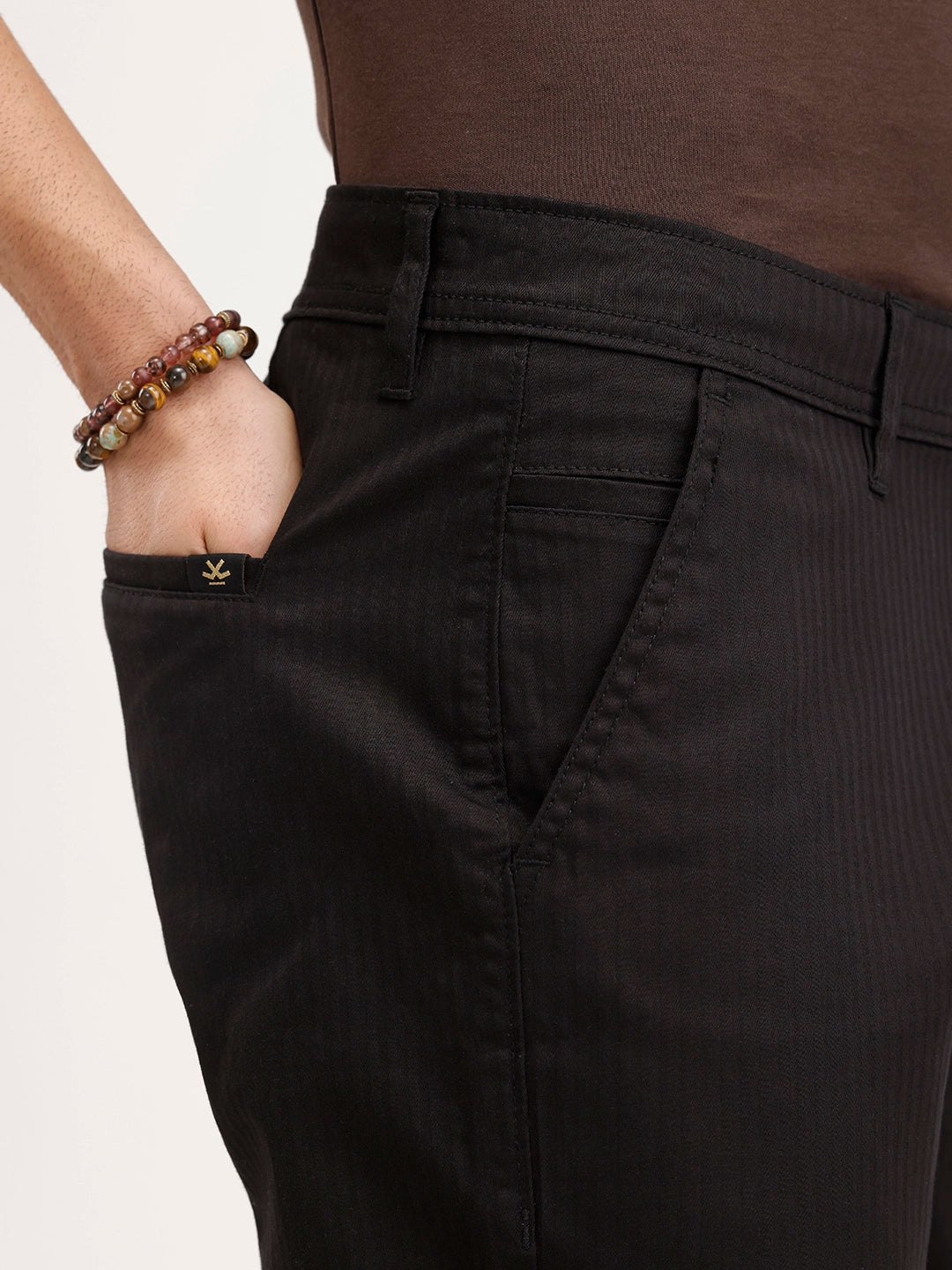 Solid Straight Fit Herringbone Trouser | Black