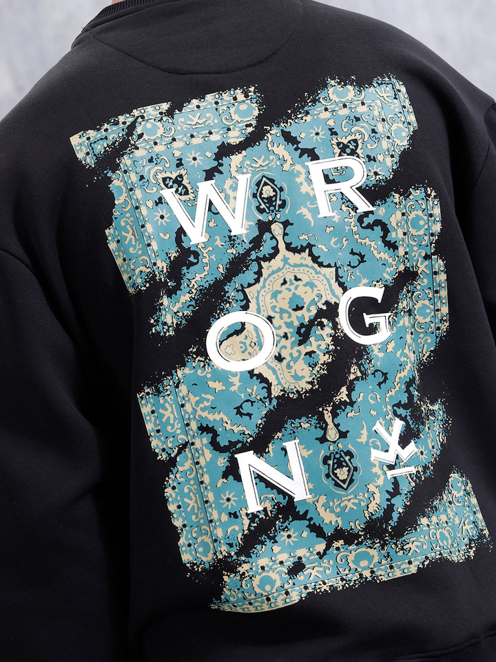 Carpet Tapestry Inspired Oversized Fleece Back Print Sweatshirt | Black